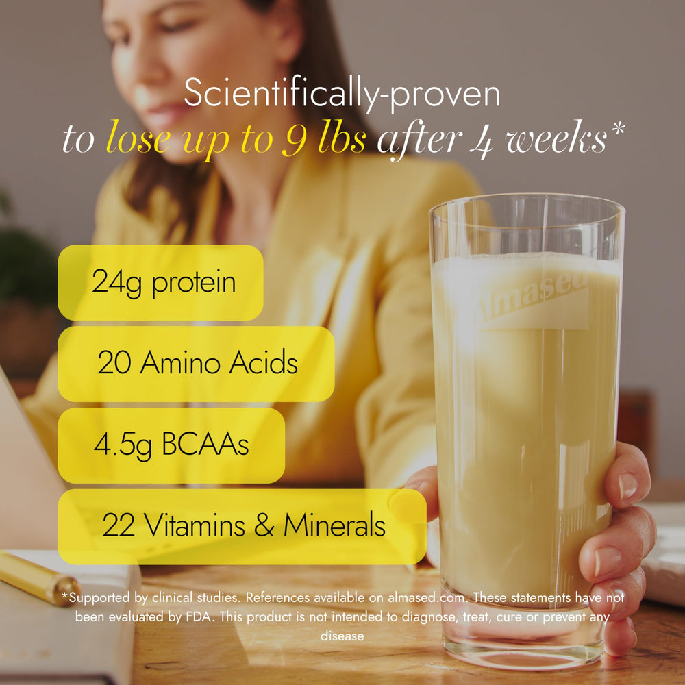 Almased vanilla shake in a glass conveys a creamy, versatile option.