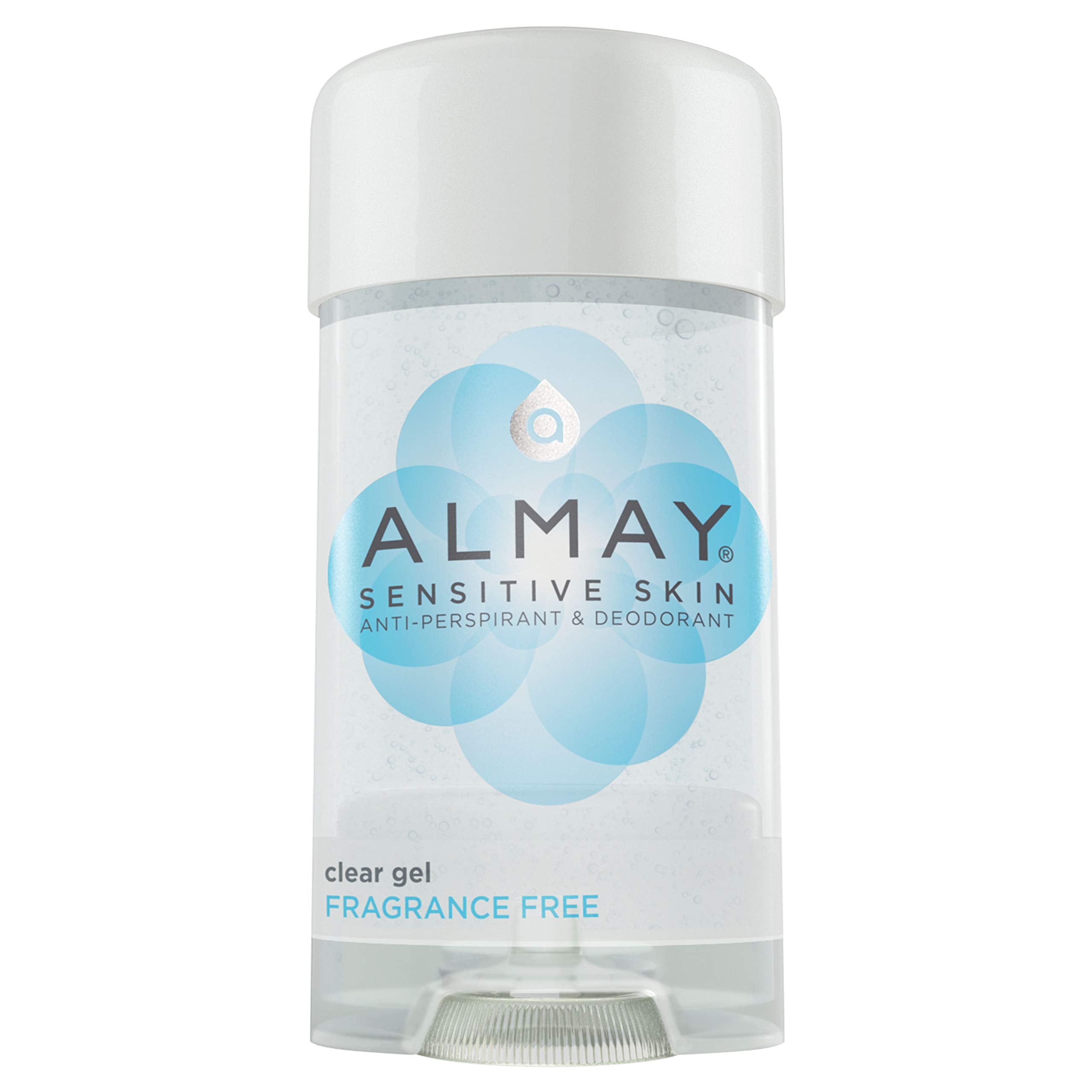 Almay Sensitive Skin Clear Gel Deodorant bottle shows fragrance-free daily protection.