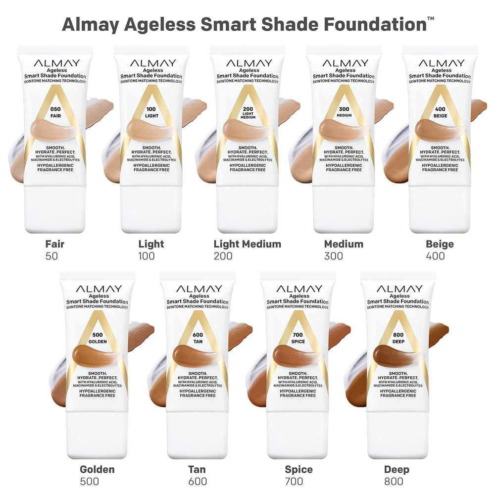 PCR-tube packaging of Almay Smart Shade Foundation highlights recycled materials.