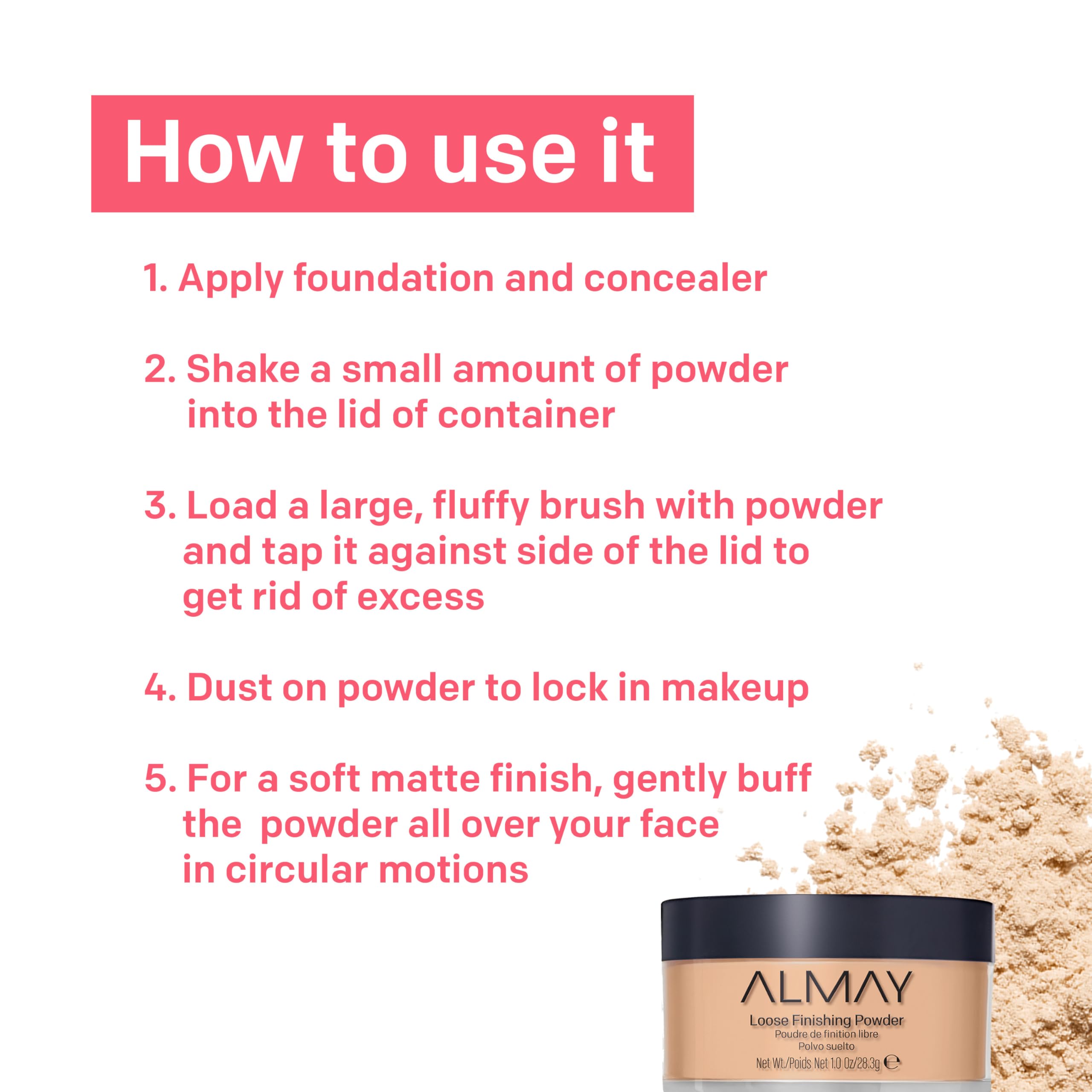 Powder on skin demonstrates a light, natural-looking finish.