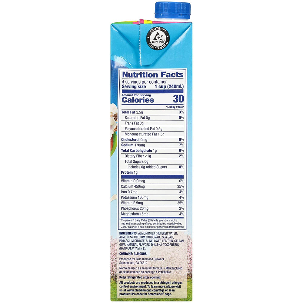 Real California almonds highlight the Almond Breeze formula.