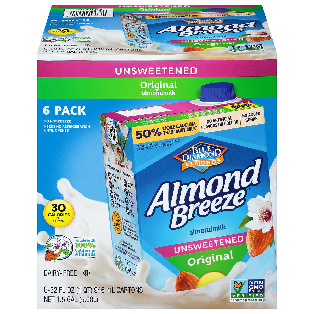 Almond Breeze unsweetened original six-pack cartons for dairy-free milk.