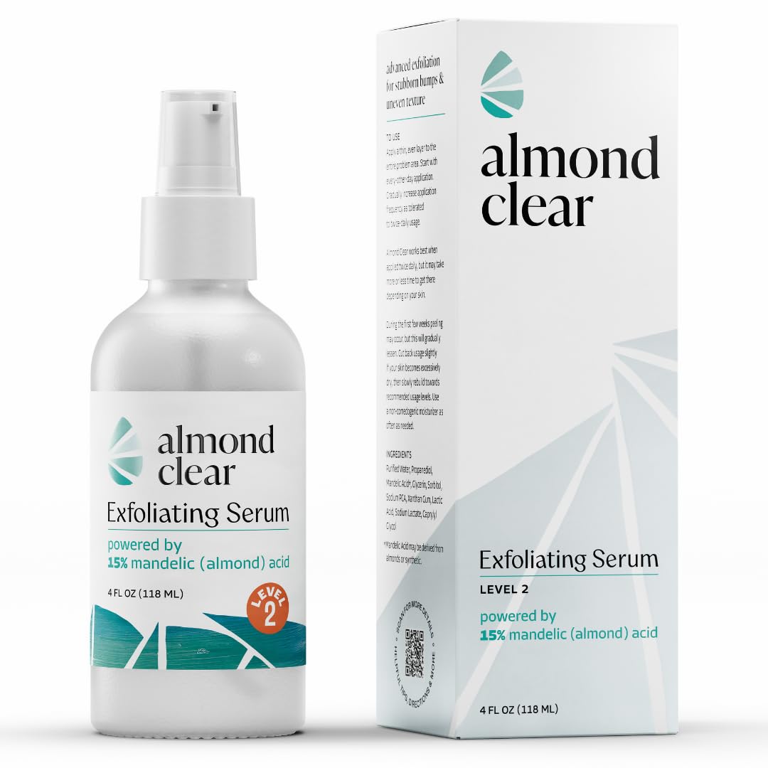 Almond Clear Level 2 serum bottle with pump-dispense for easy daily application