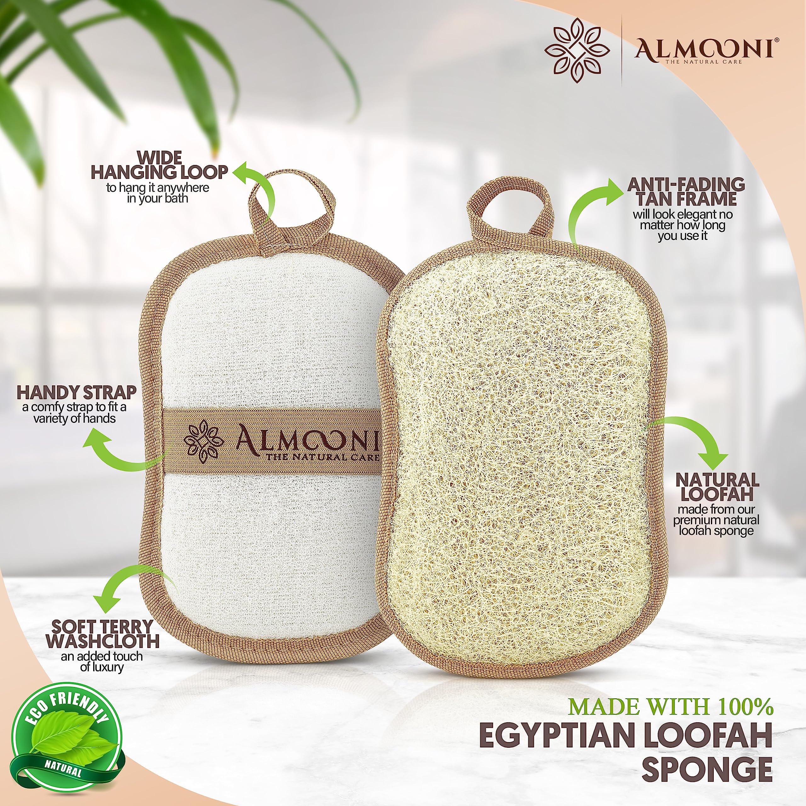 ALMOONI loofah pad with hand strap enables controlled cleansing