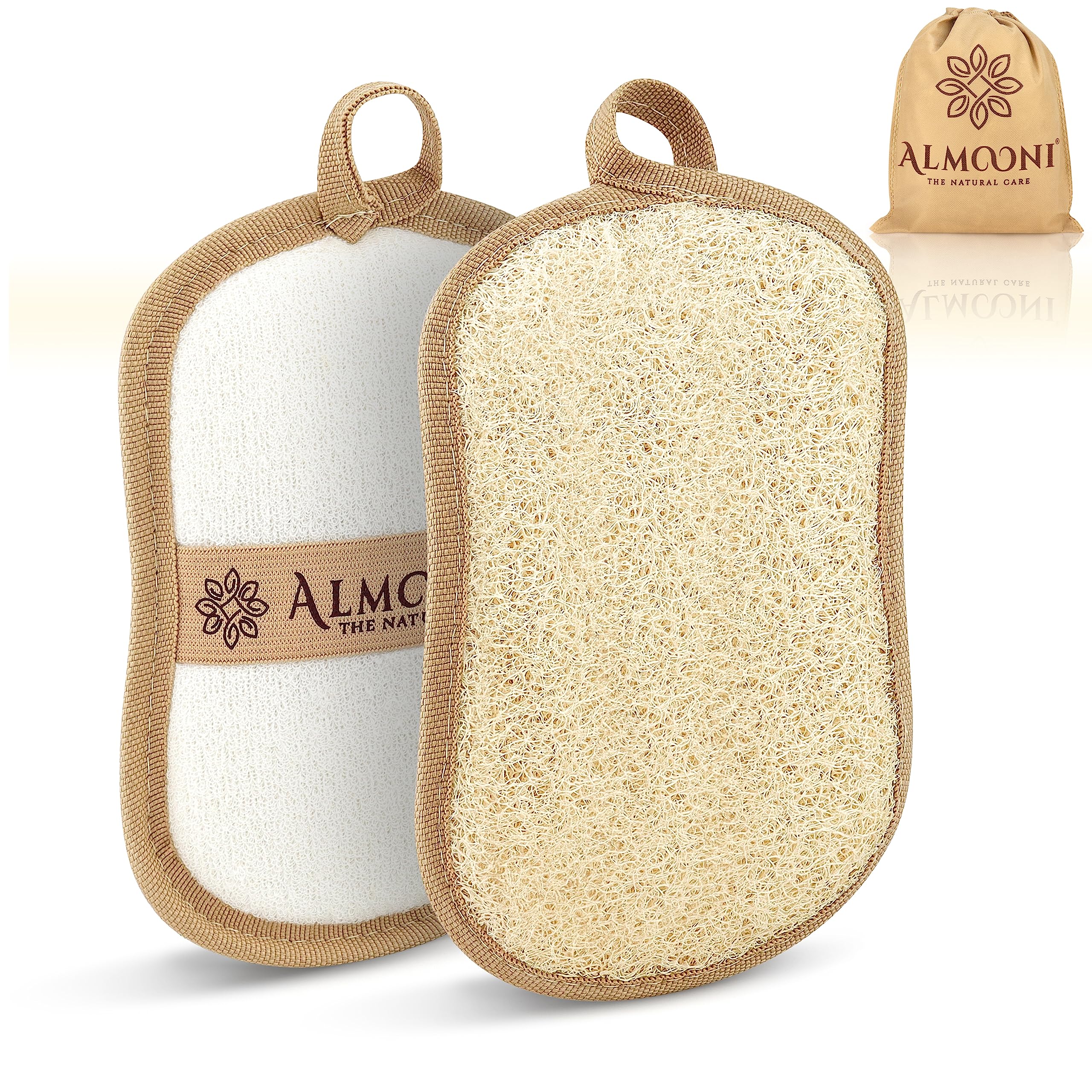 ALMOONI bow-tie loofah pad front view for daily exfoliation