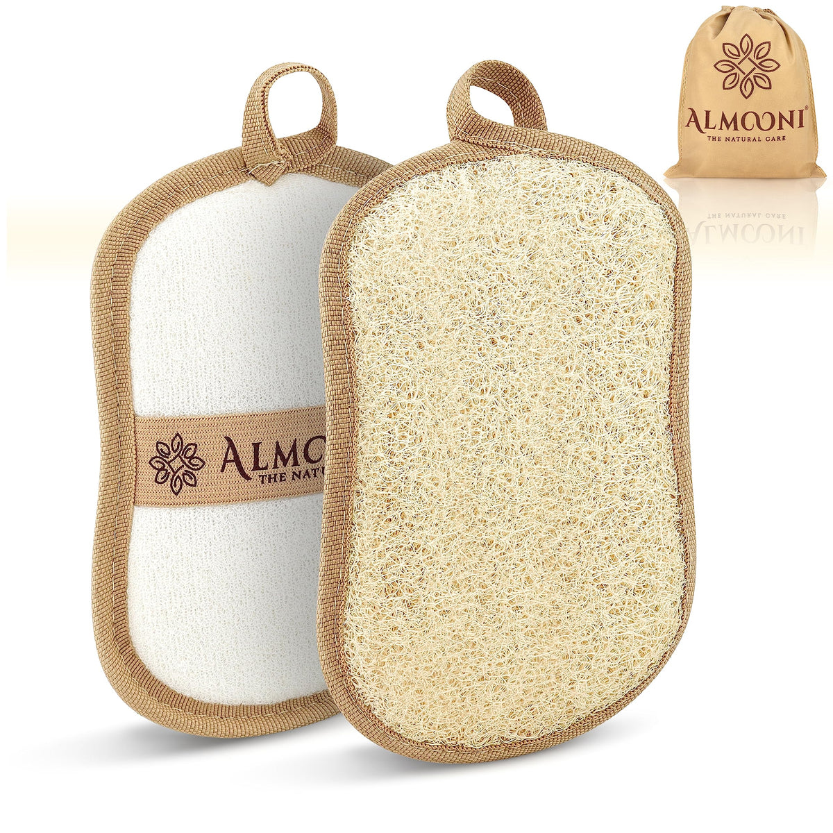 ALMOONI bow-tie loofah pad front view for daily exfoliation