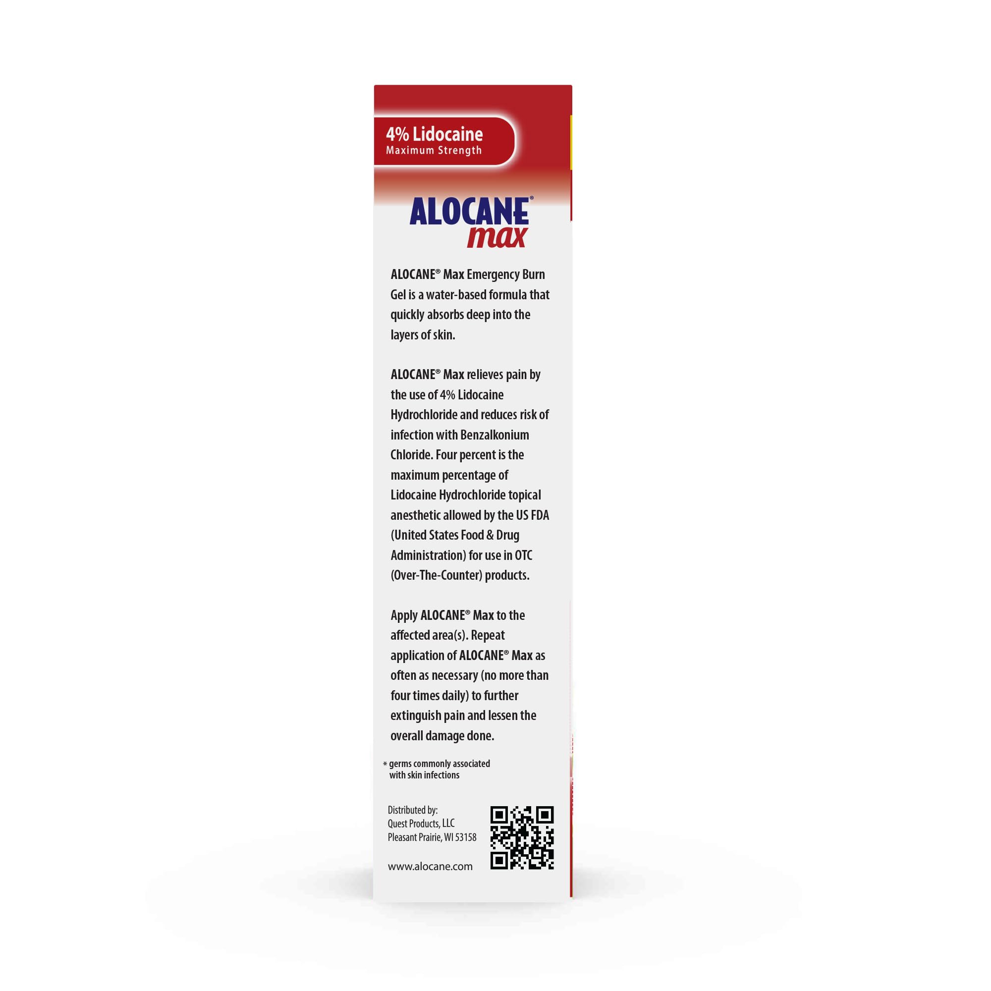 Alocane Max Burn Gel ingredients featuring lidocaine and antiseptic components for surface care.