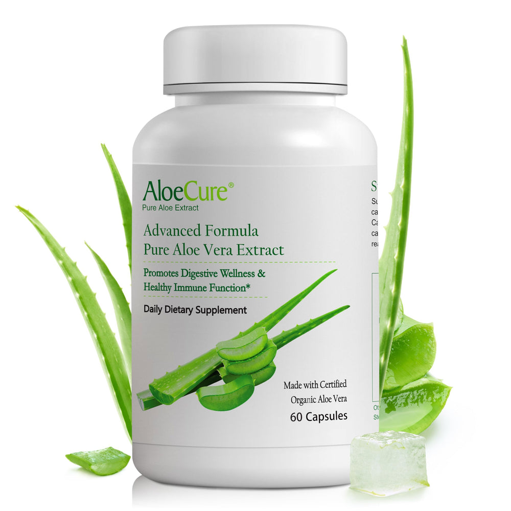 AloeCure Aloe Vera Capsules bottle closeup, showing organic formula for gentle digestion.