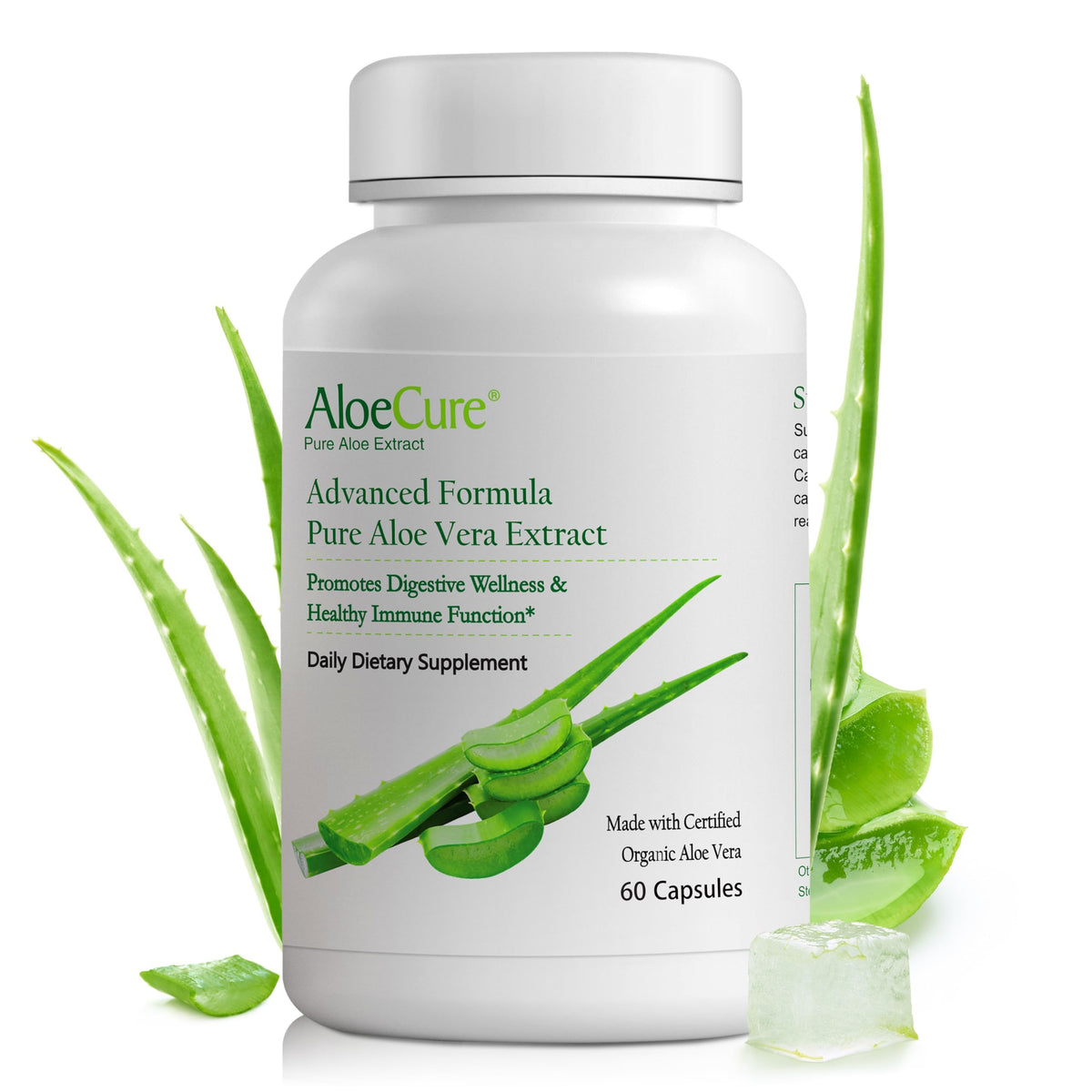 AloeCure Aloe Vera Capsules bottle closeup, showing organic formula for gentle digestion.