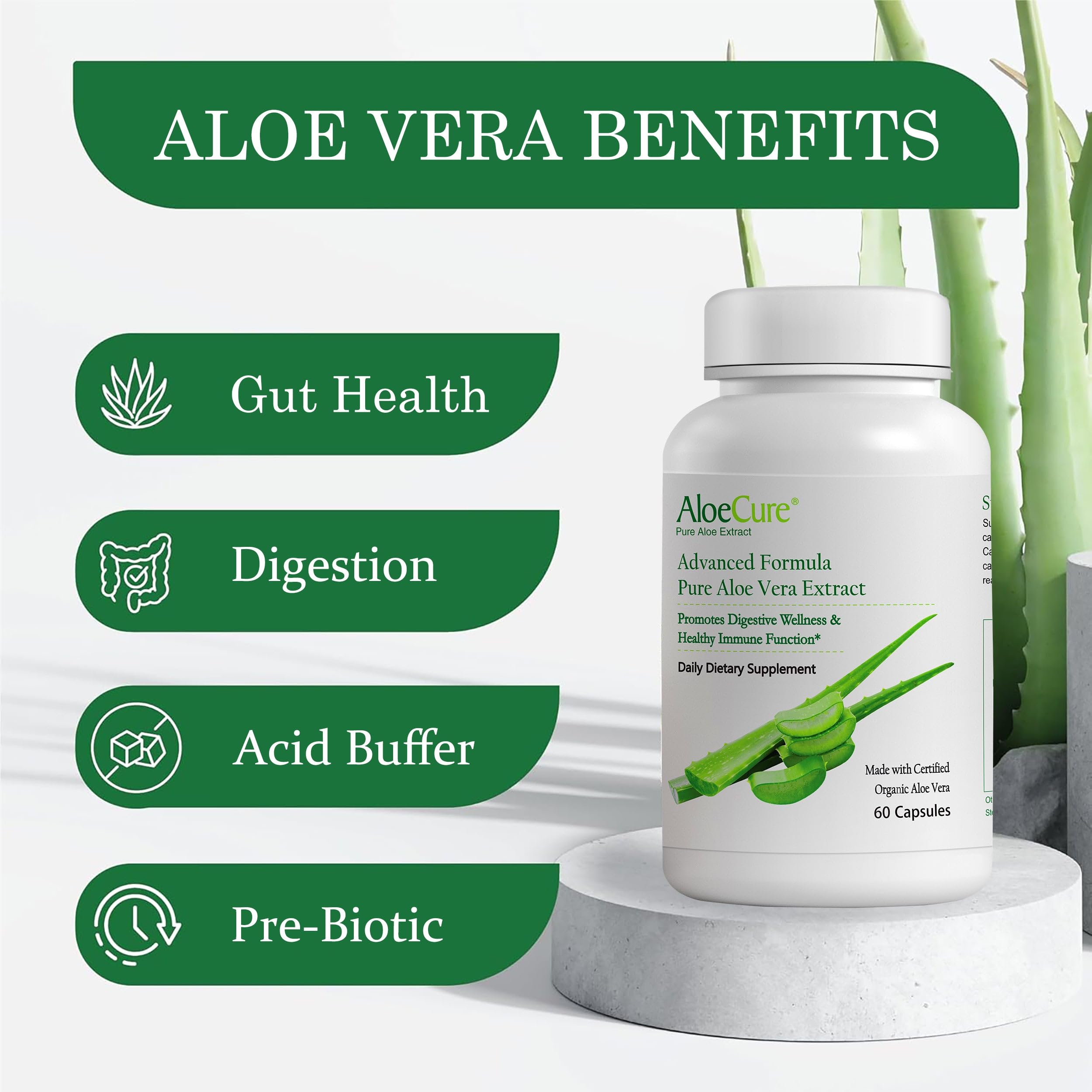 AloeCure Aloe Vera Capsules bottle pour, suggesting easy daily intake for gut comfort.