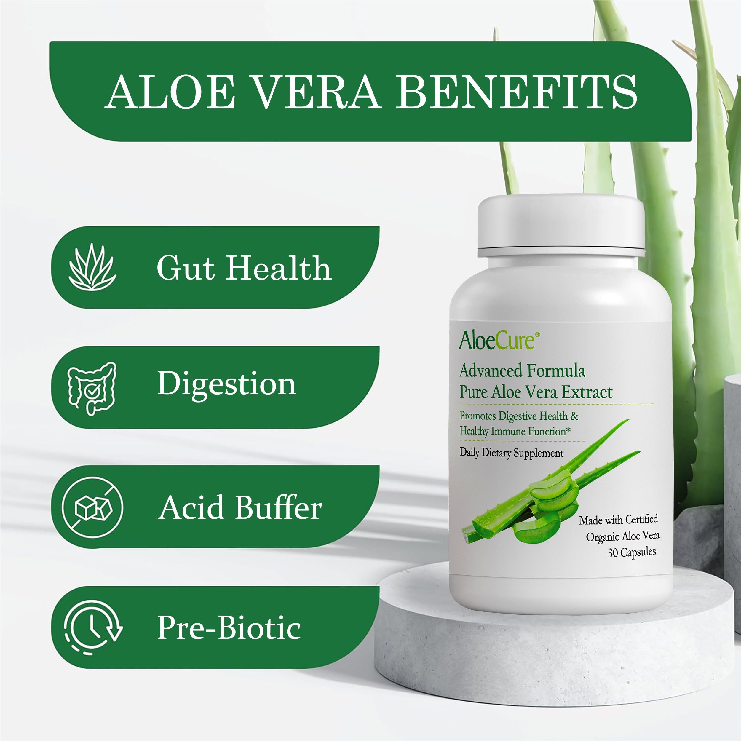 AloeCure Aloe Vera Capsules label-closeup highlights organic quality for gentle digestion.