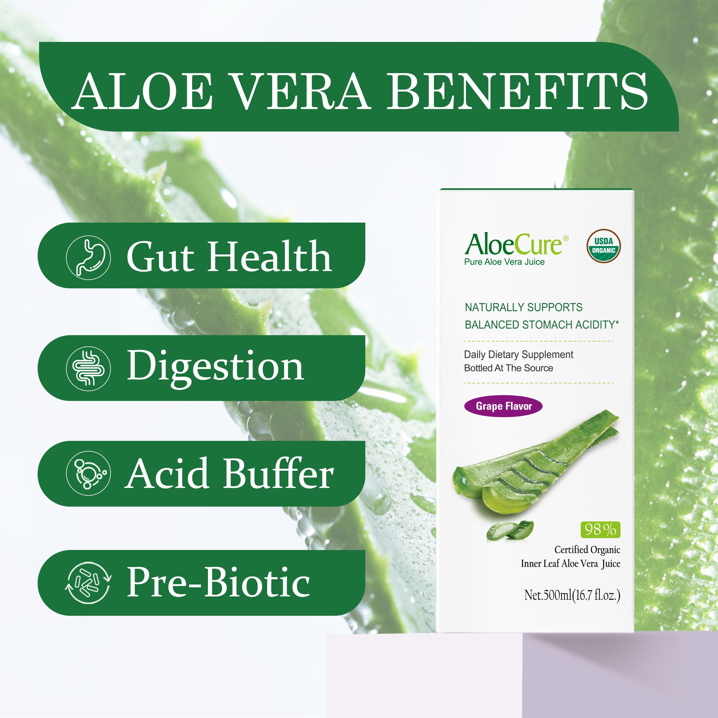 AloeCure inner leaf gel aloe juice 98-7% purity for gentle digestion support
