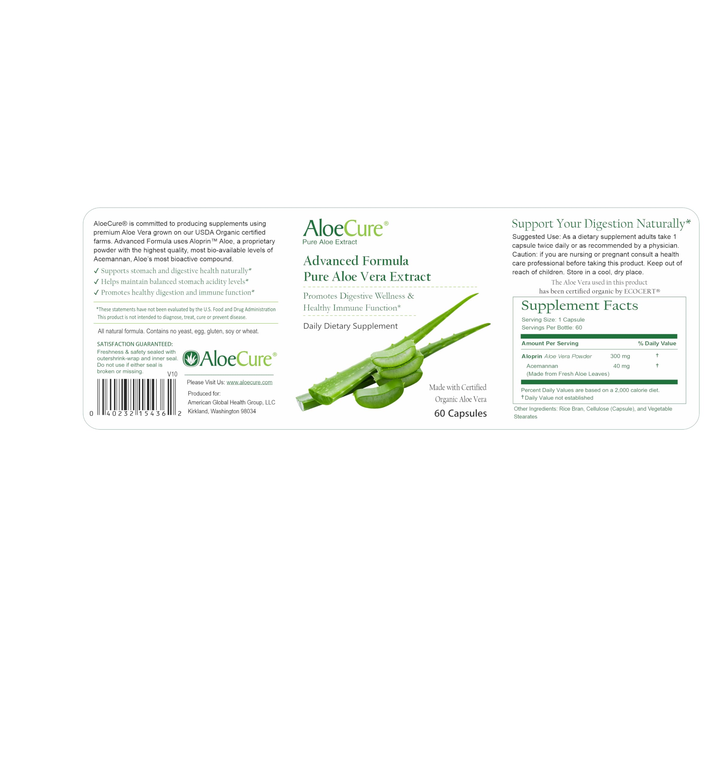 AloeCure packaging with green plant setting communicates organic wellness.
