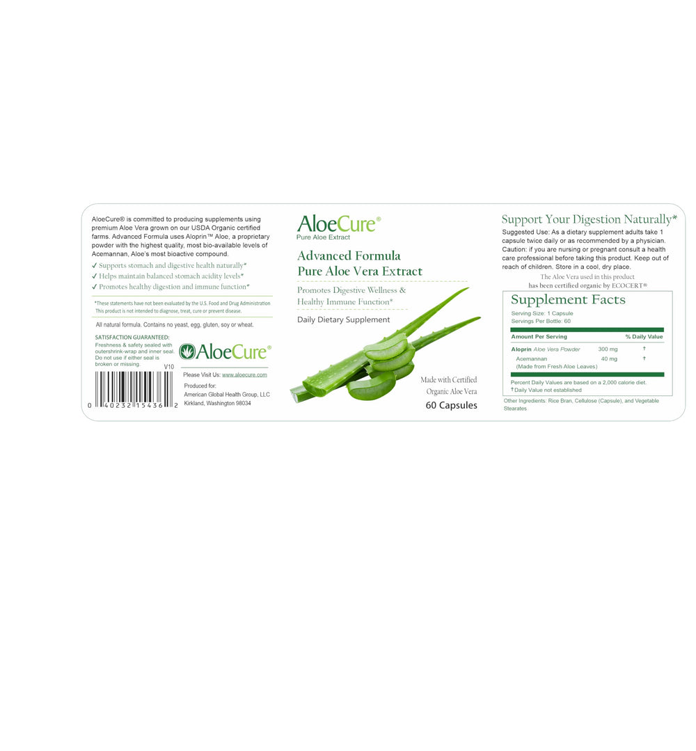 AloeCure packaging with green plant setting communicates organic wellness.