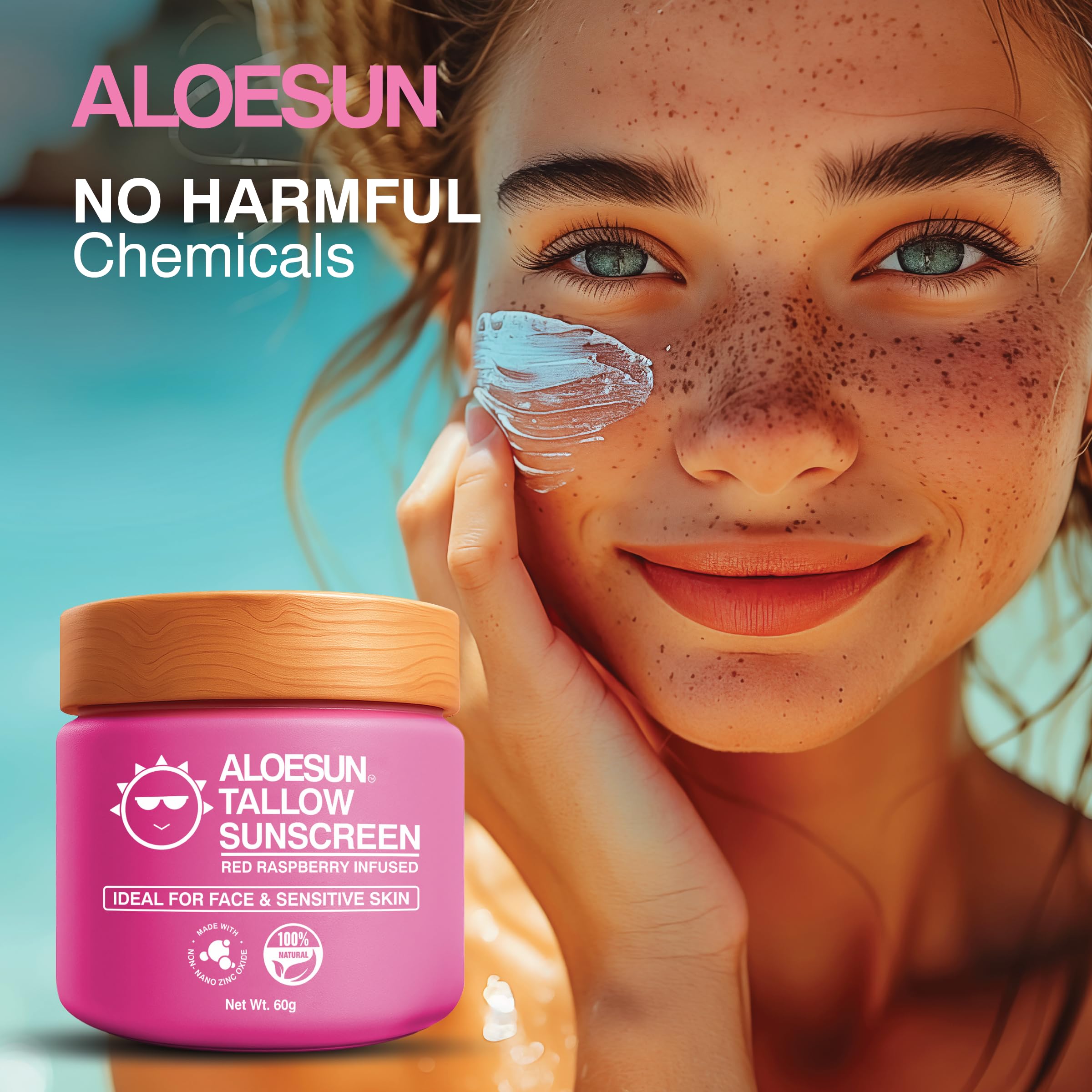 ALOESUN sunscreen on face, smooth application and lightweight feel