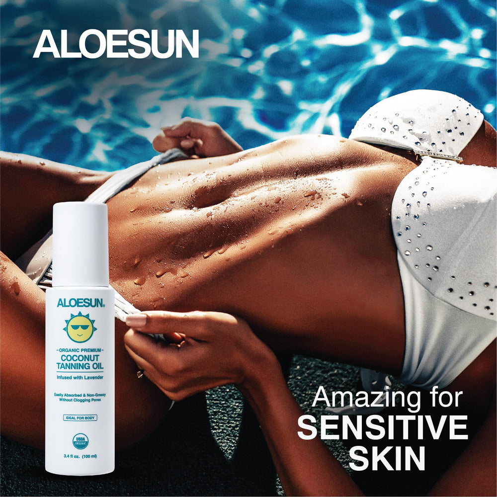 ALOESUN Organic coconut oil and lavender essence close-up emphasizing natural ingredients.