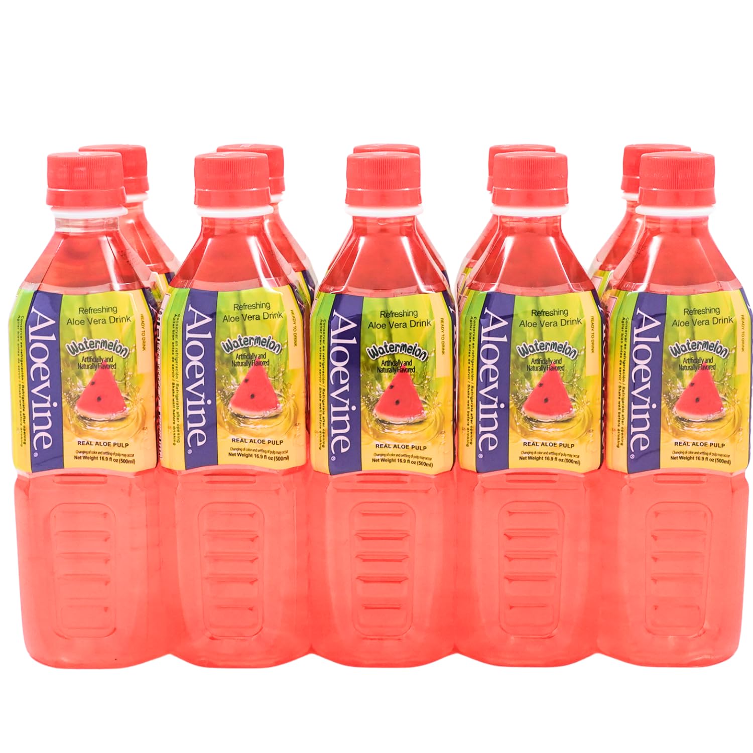 Aloevine Watermelon Aloe bottle pours for refreshing hydration.
