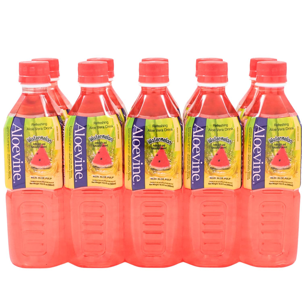 Aloevine Watermelon Aloe bottle pours for refreshing hydration.