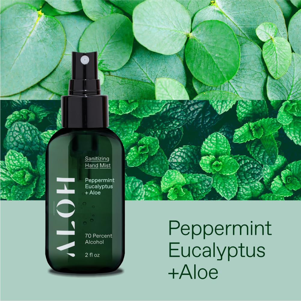 ALŌH Peppermint Eucalyptus spray releasing a refreshing aroma while sanitizing.