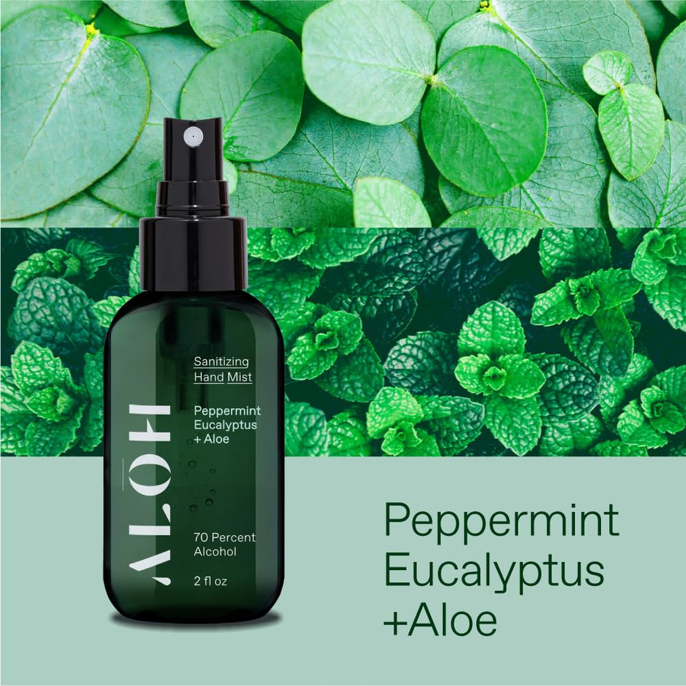 ALŌH Peppermint Eucalyptus spray releasing a refreshing aroma while sanitizing.