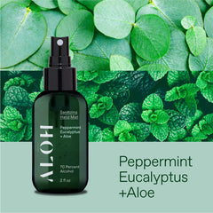 ALŌH Peppermint Eucalyptus spray releasing a refreshing aroma while sanitizing.