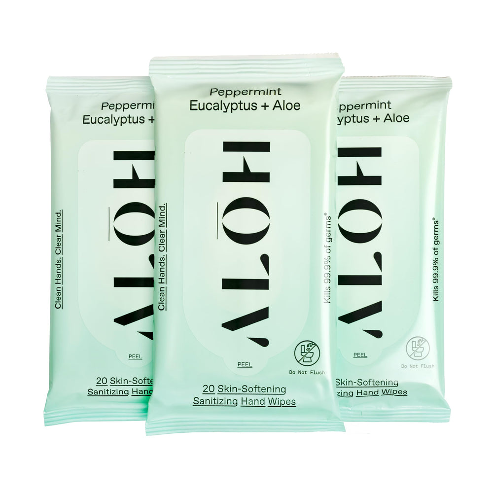 ALŌH Peppermint Eucalyptus Aloe wipes travel pack for on-the-go cleansing and freshness.