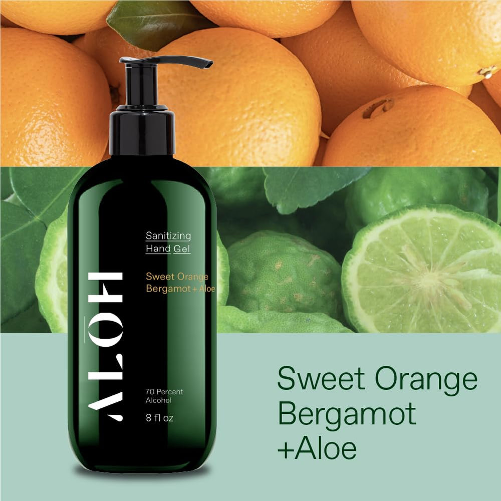 ALOH sanitizer bottle close-up with label detail and calming essential oils