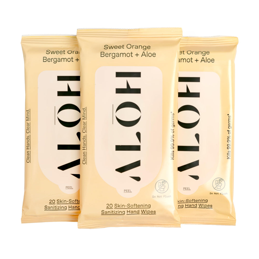 ALŌH Sweet Orange Bergamot wipes pack front displaying soft, luxurious texture for on-the-go cleaning