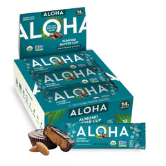 ALOHA Almond Butter Cup bars box showing a 12-pack, convenient plant-based protein snack