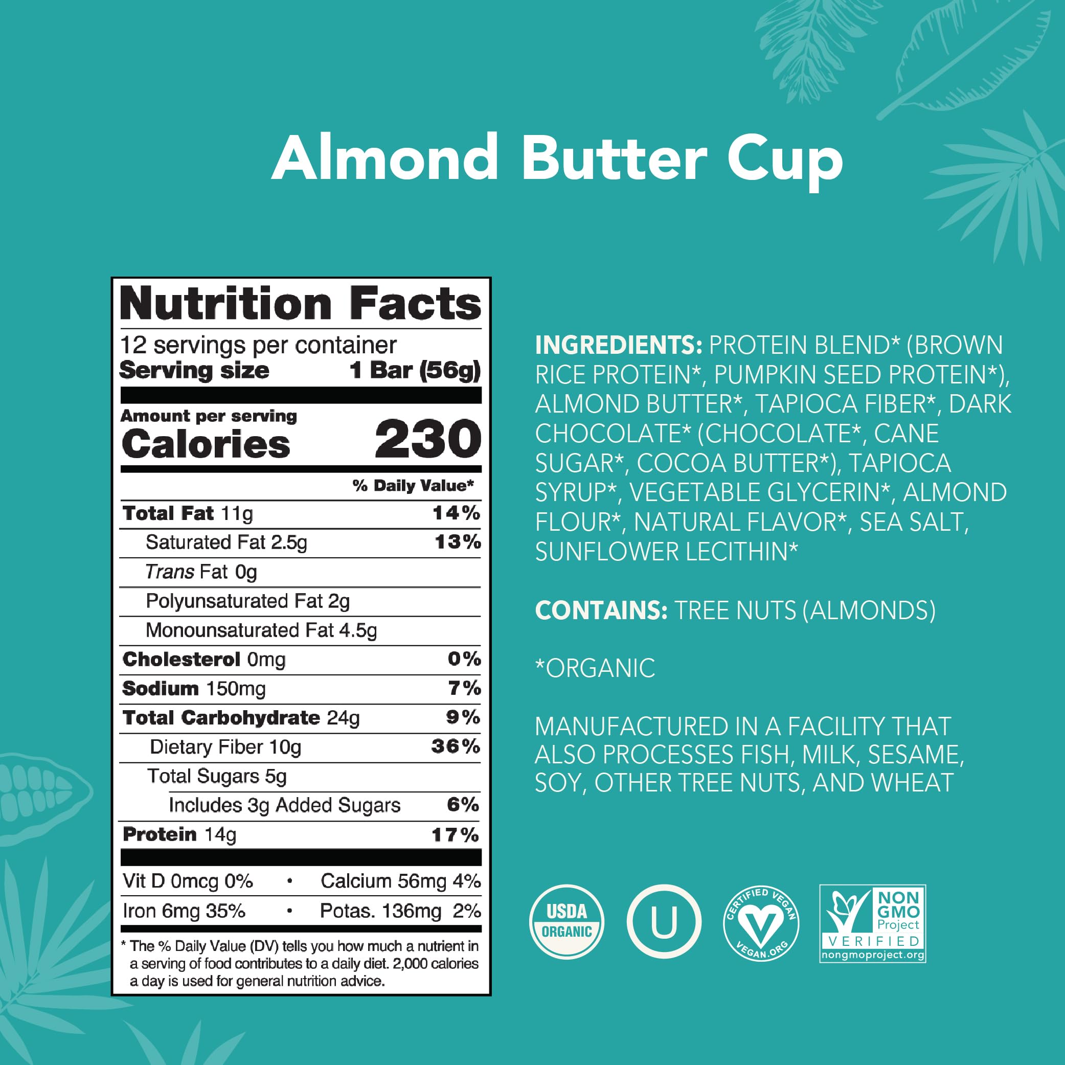 ALOHA Almond Butter Cup bars ingredients close-up featuring organic protein sources