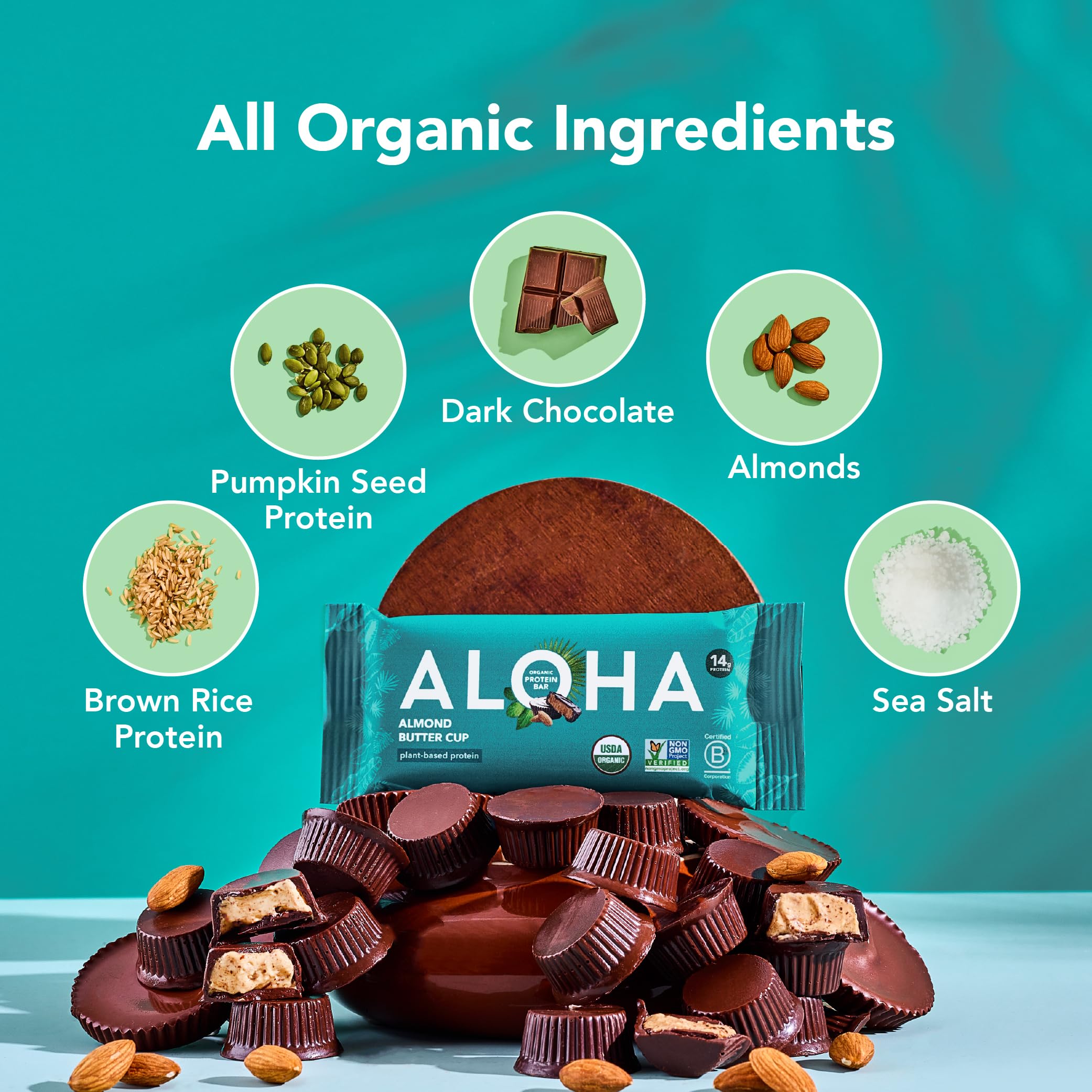 ALOHA Almond Butter Cup bars on a wooden surface, ideal for a tasty on-the-go snack