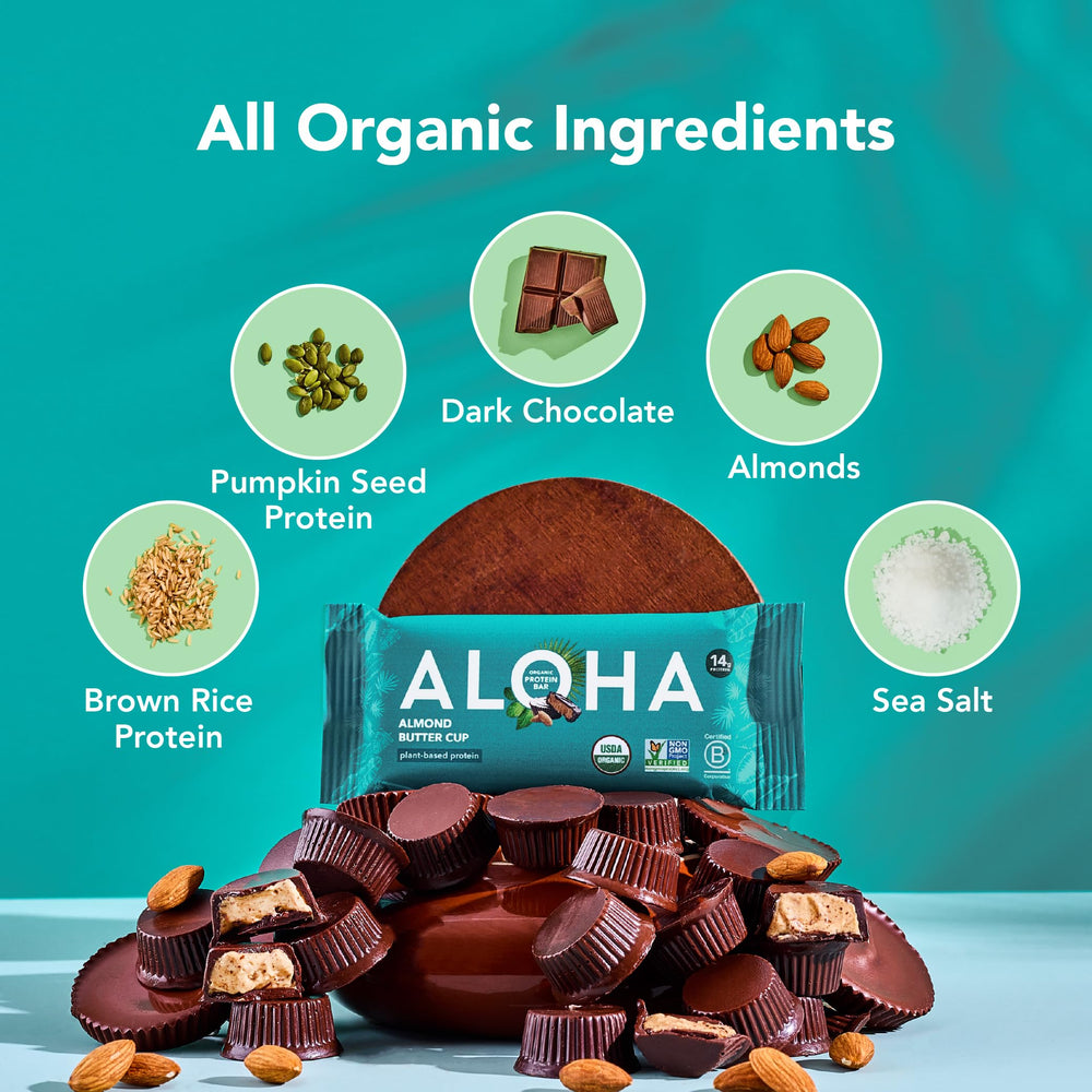 ALOHA Almond Butter Cup bars on a wooden surface, ideal for a tasty on-the-go snack