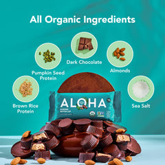 ALOHA Almond Butter Cup bars on a wooden surface, ideal for a tasty on-the-go snack