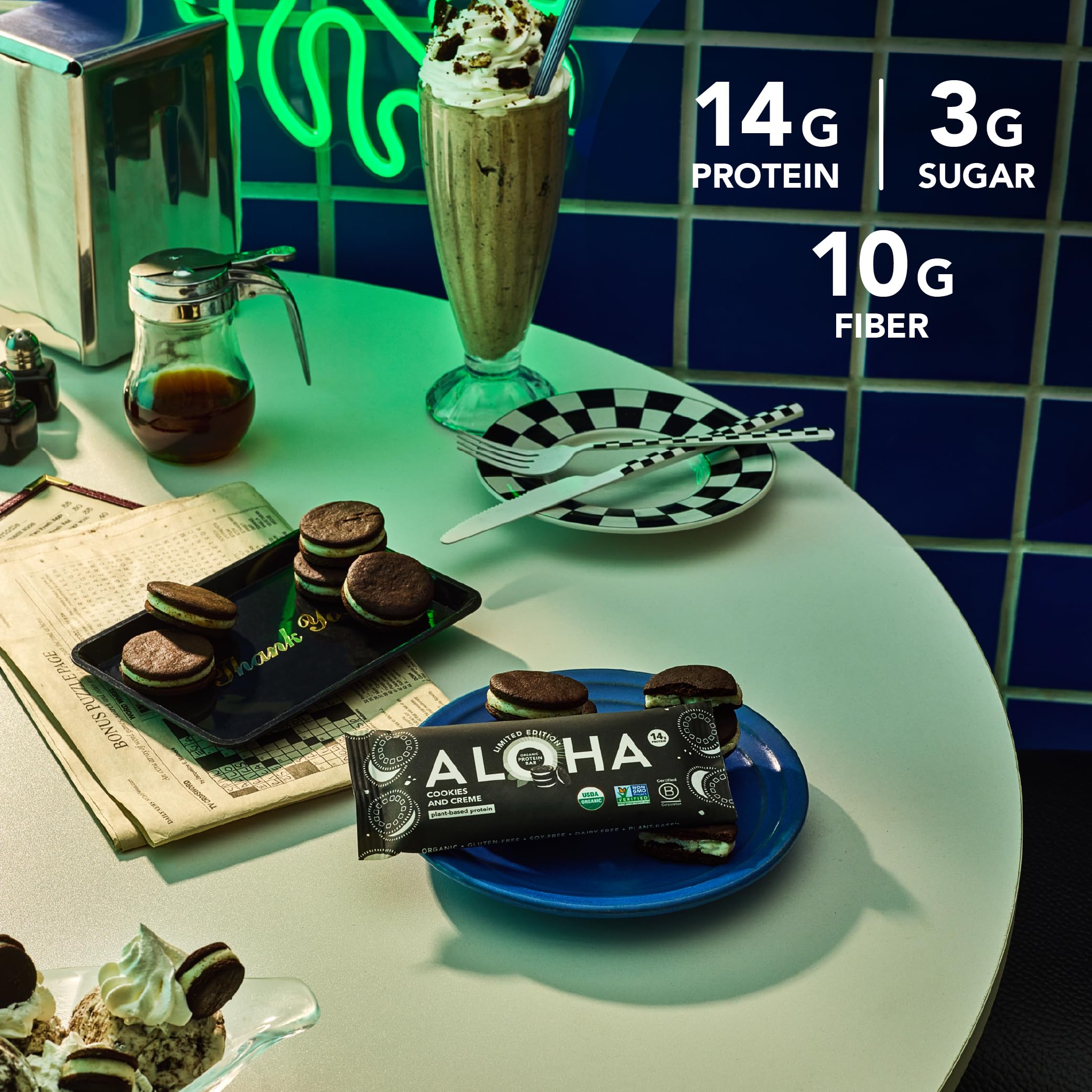 ALOHA box of 12 bars with organic certification conveys clean, plant-based nutrition.