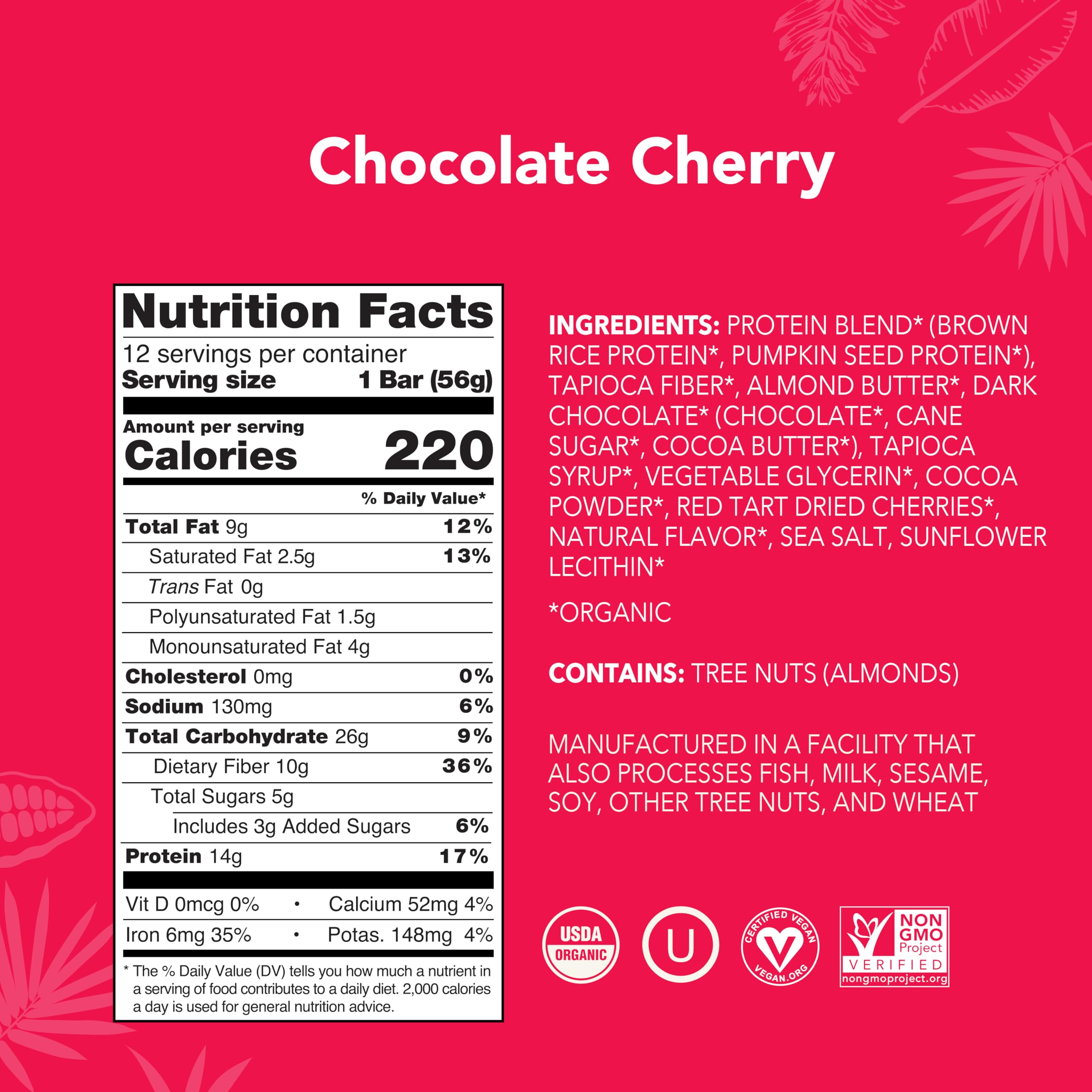Front view of ALOHA Chocolate Cherry bar highlighting flavor