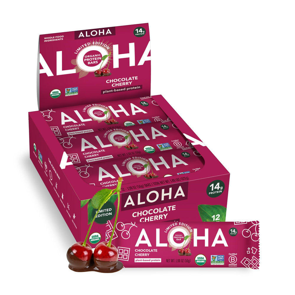 ALOHA Chocolate Cherry bar pack shown for on-the-go snacking