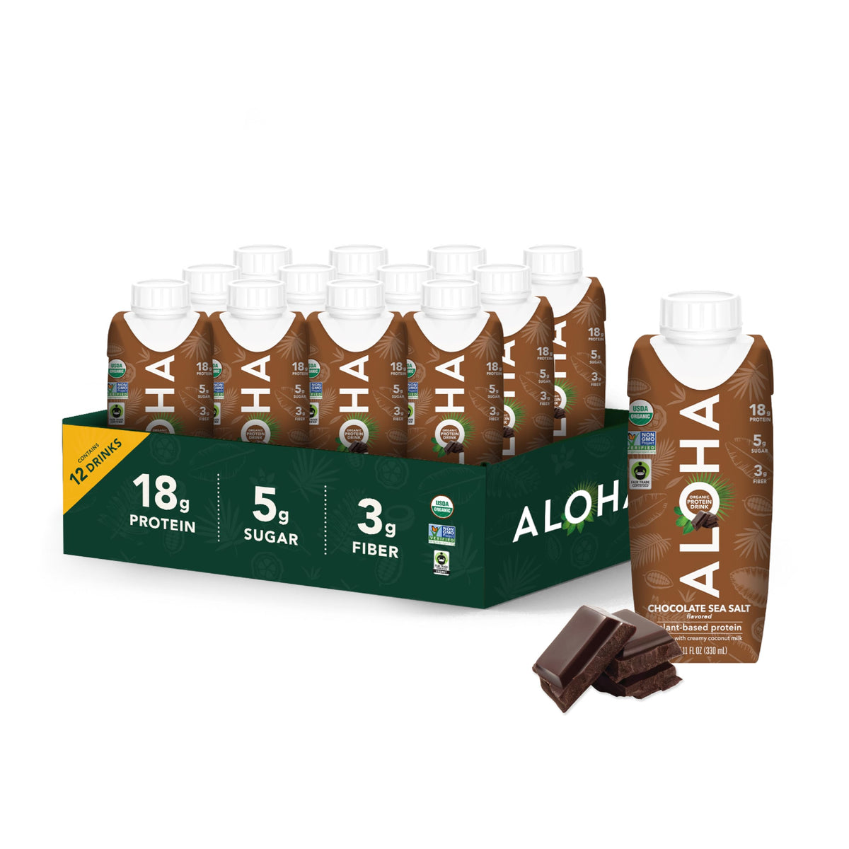 ALOHA Chocolate Sea Salt protein drink bottle, creamy coconut milk for on-the-go energy.