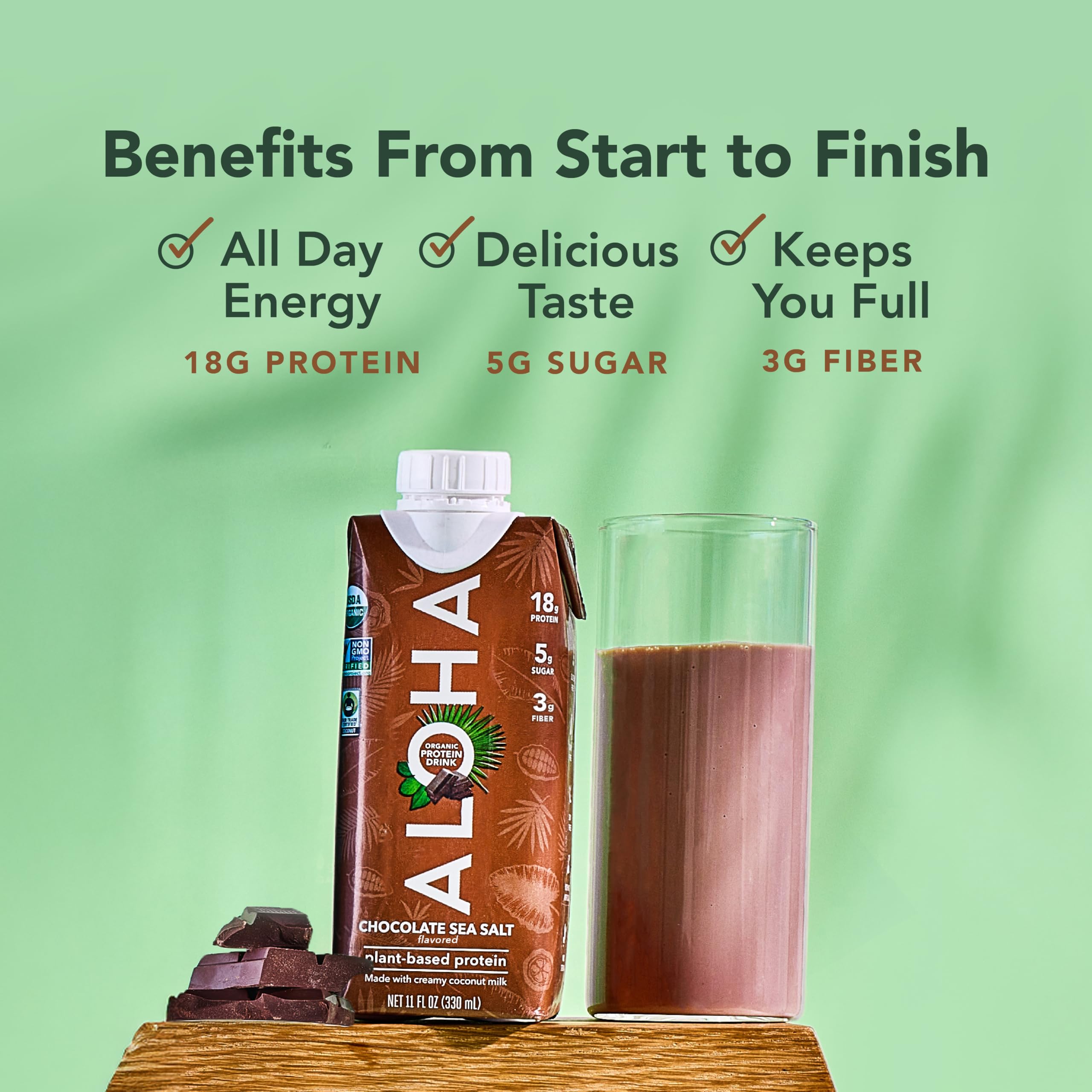 ALOHA glass with shake emphasizes electrolytes from coconut water for hydration.