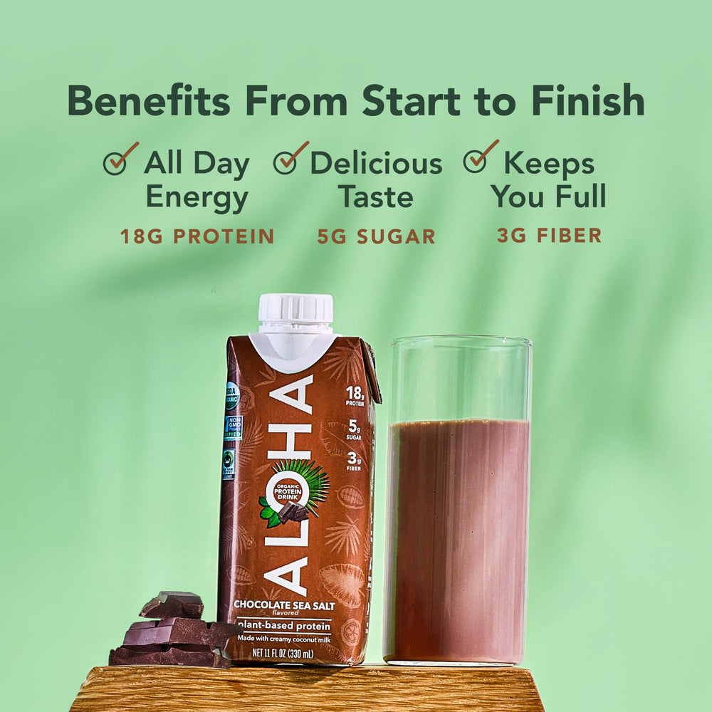 ALOHA glass with shake emphasizes electrolytes from coconut water for hydration.