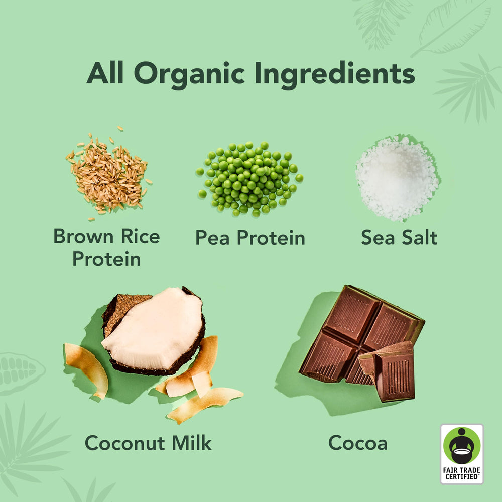 ALOHA ingredients list close-up highlights organic coconut milk and pea and rice protein.