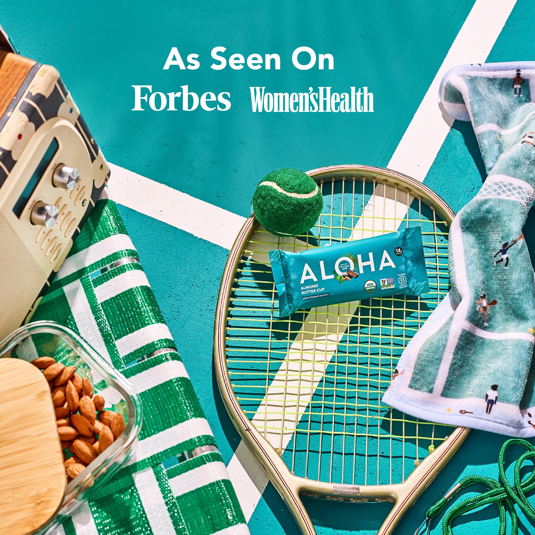 ALOHA climate-neutral certification stamp beside the bars, eco-friendly snack choice