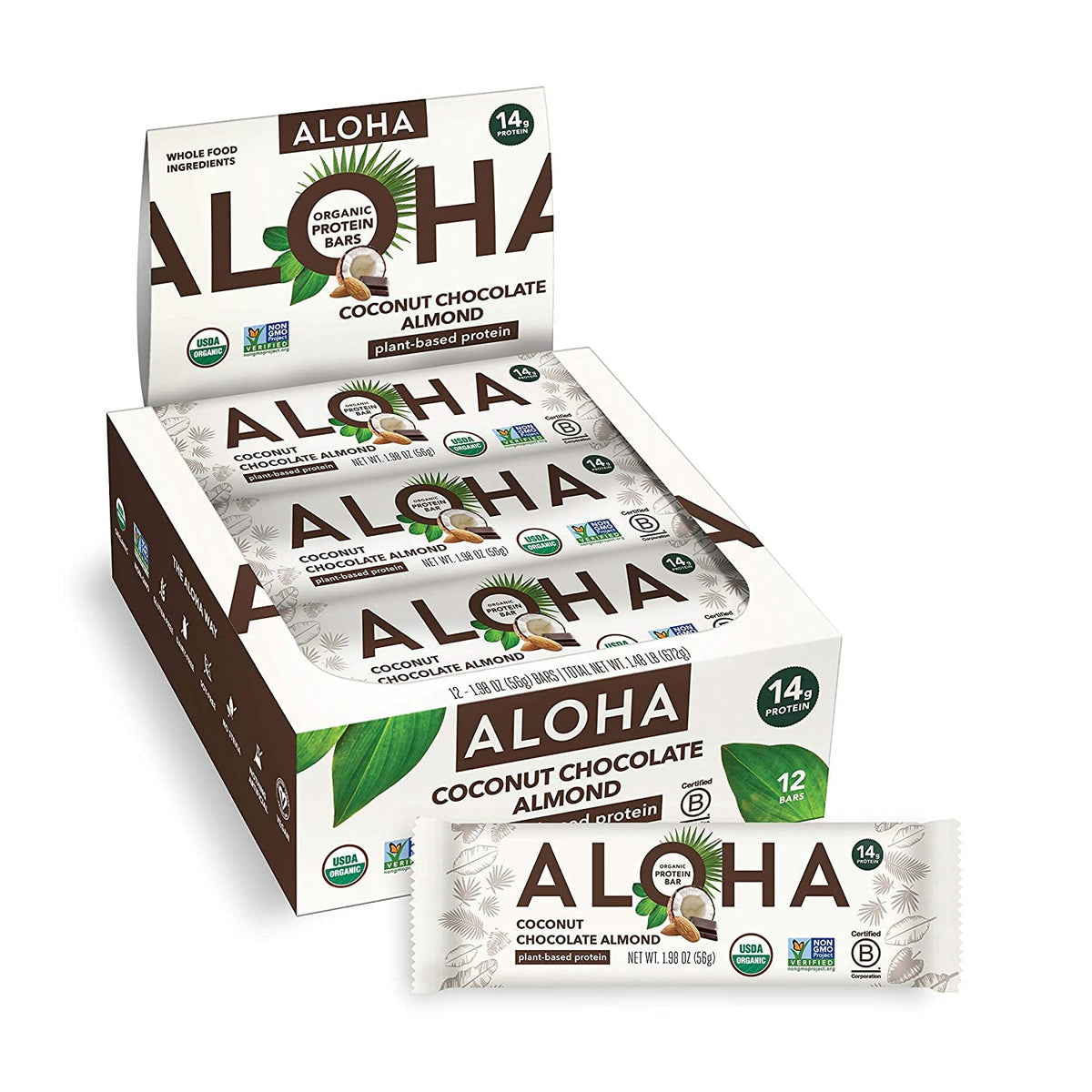 ALOHA Coconut Chocolate Almond bar packaging showing a plant-based protein option for on-the-go meals