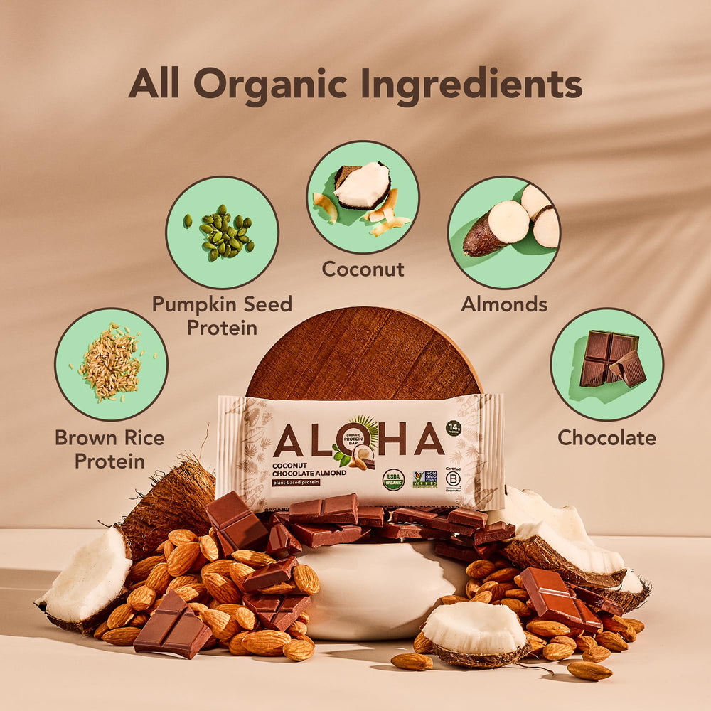 ALOHA Coconut Chocolate Almond bar texture close-up with chewy coconut and almond bits for on-the-go energy