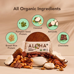 ALOHA Coconut Chocolate Almond bar texture close-up with chewy coconut and almond bits for on-the-go energy