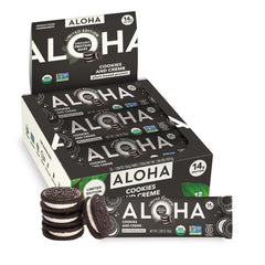 ALOHA Cookies and Creme bar pack highlighting convenient plant-based protein for busy days.