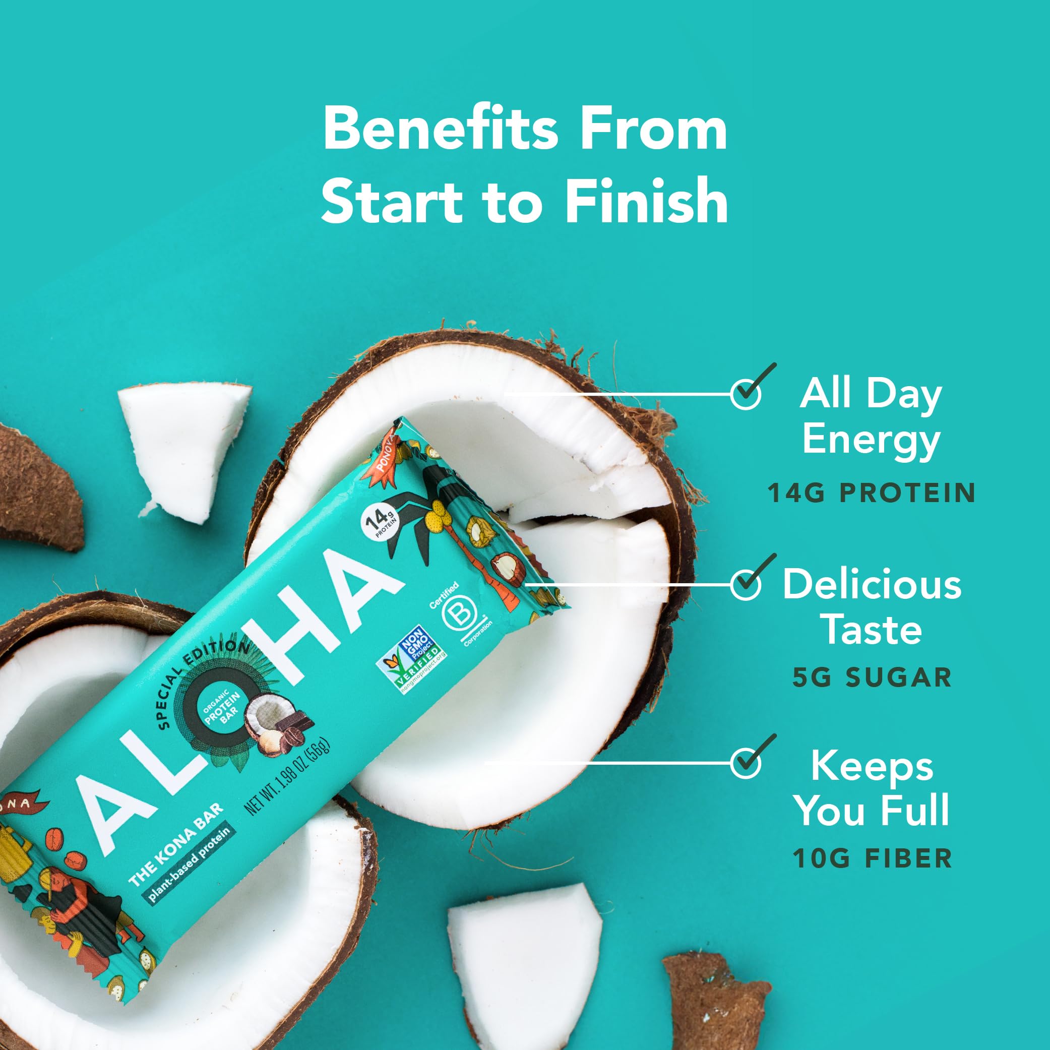 ALOHA Kona Bar Special Edition coconut flakes closeup emphasizes tropical texture.