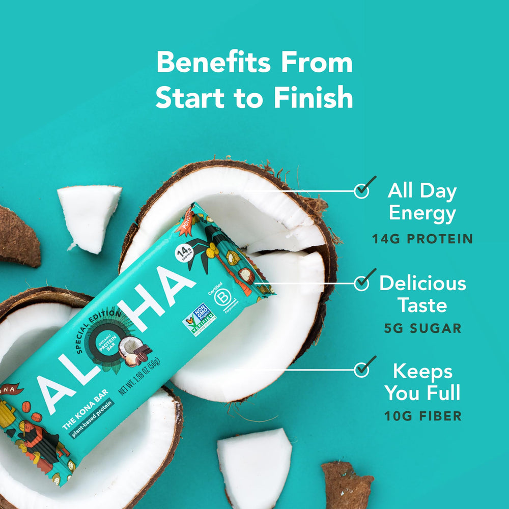 ALOHA Kona Bar Special Edition coconut flakes closeup emphasizes tropical texture.