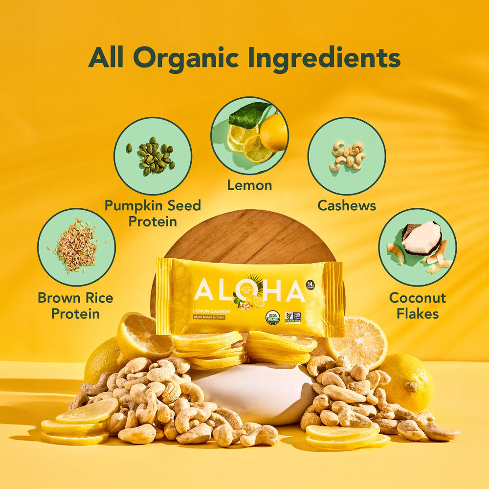ALOHA Lemon Cashew Bar vegan label highlights plant-based protein and clean ingredients.