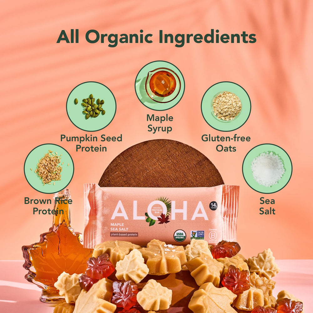 ALOHA Maple Sea Salt bar vegan label: plant-based, gluten-free, dairy-free, non-GMO, Kosher certified