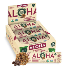 ALOHA oatmeal chocolate chip bar close-up texture for a quick plant-based snack